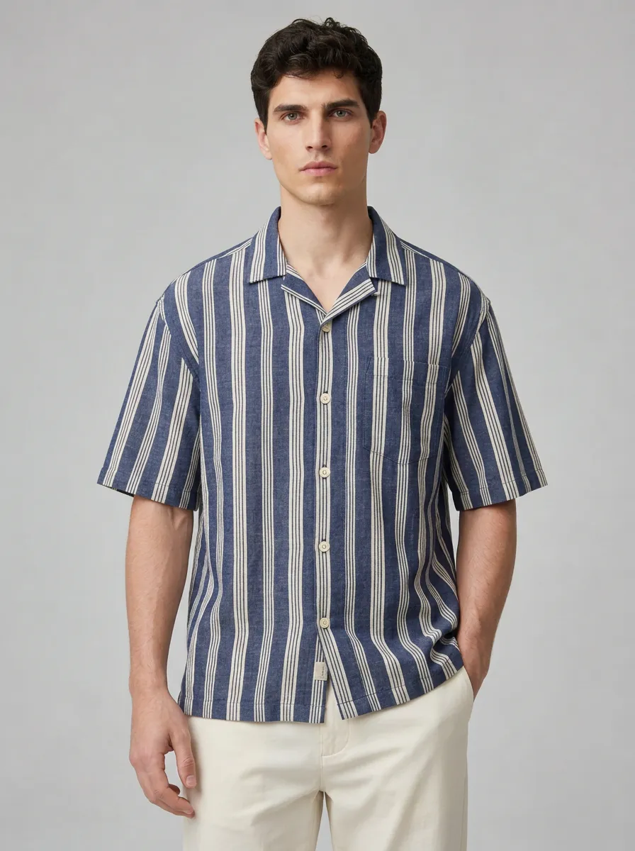 Men's Blue Striped Camp Collar Short Sleeve Shirt - Design A