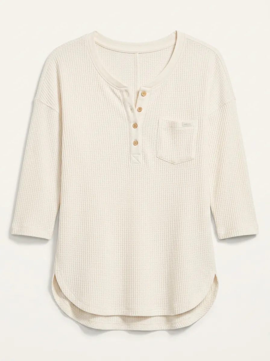 Women's Casual Waffle Knit Button-Down Henley Top