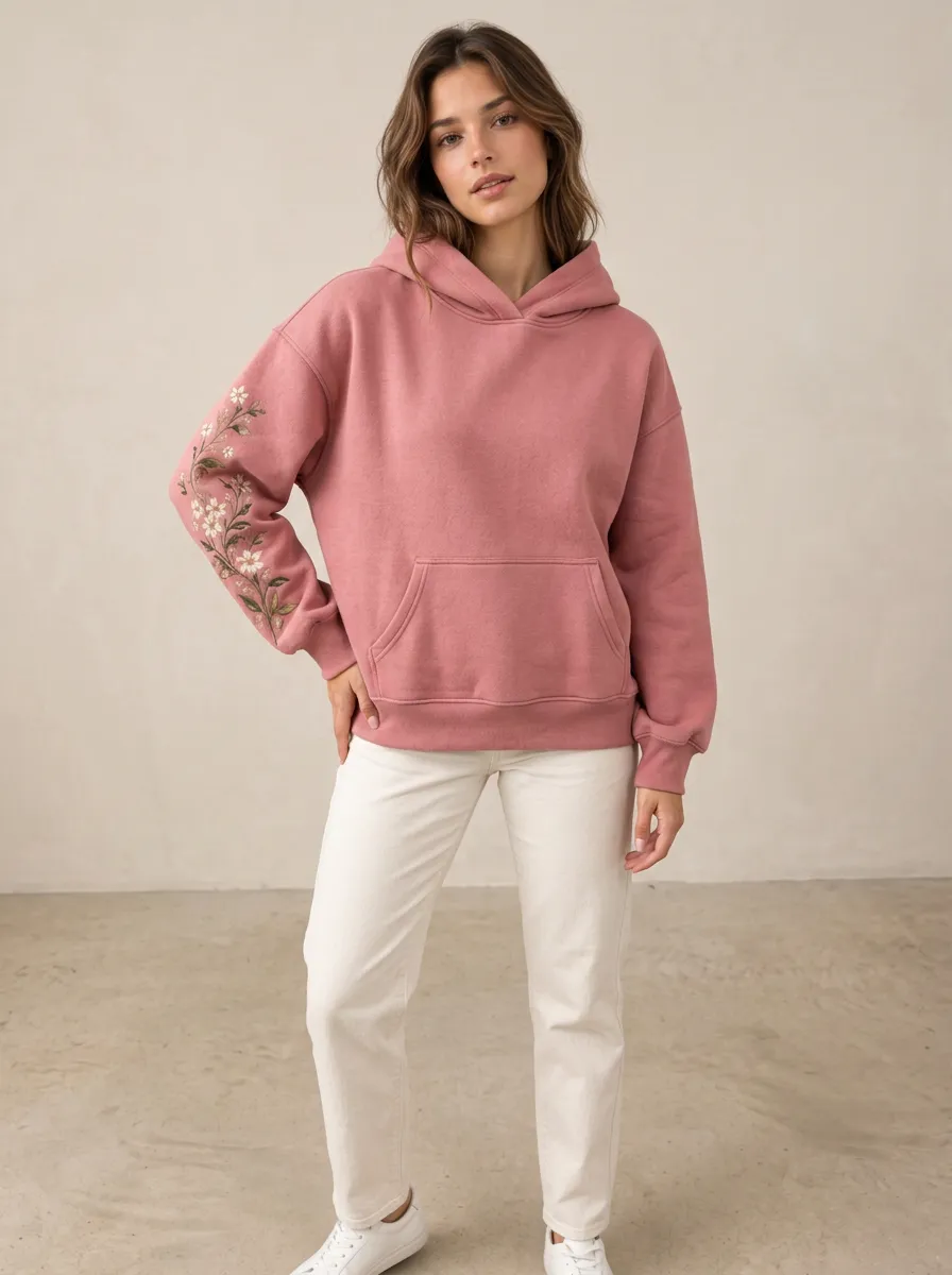 Women's Soft Style Floral Embroidered Graphic Sleeve Hoodie