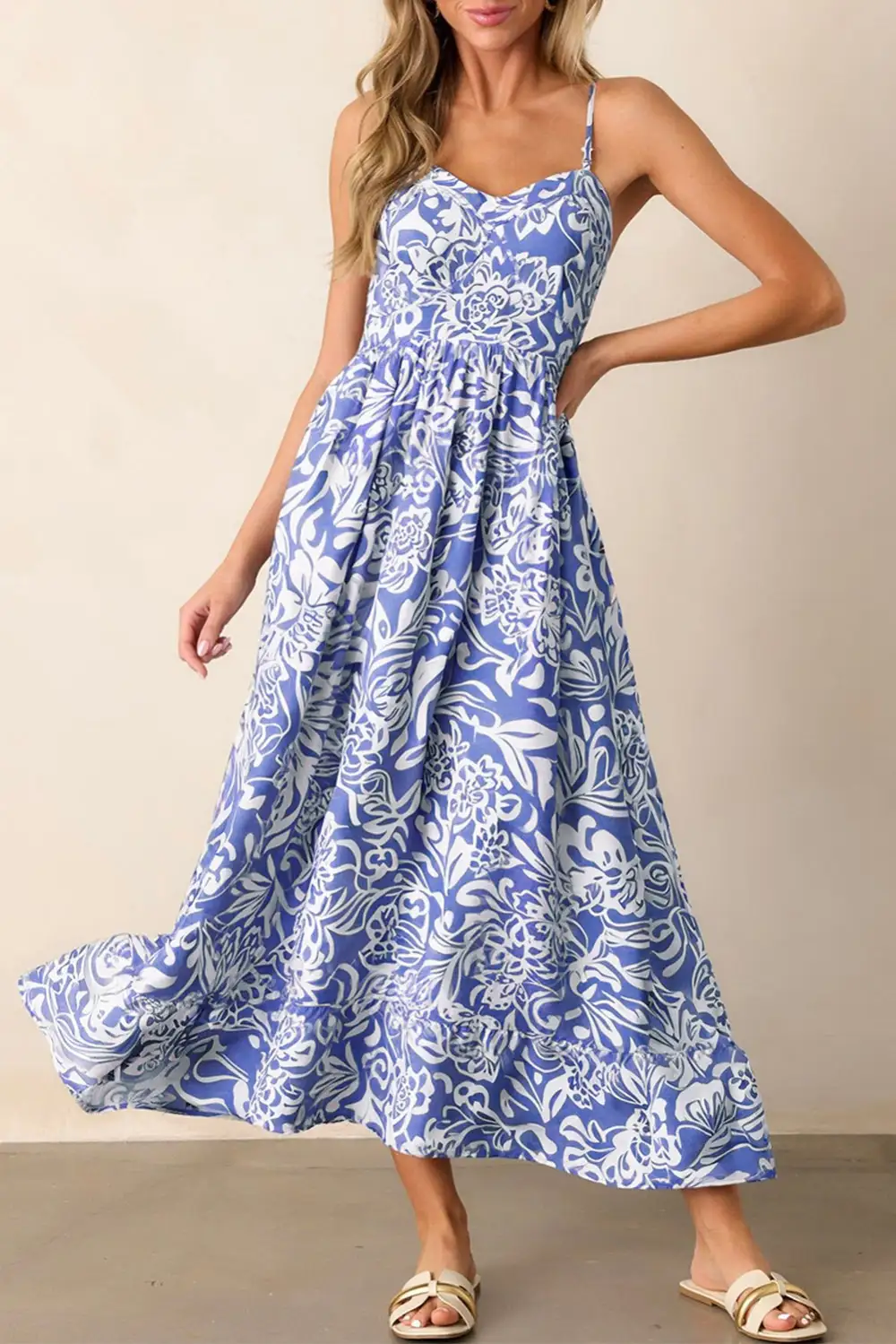 Sky Floral Print Spaghetti Strap High Waist Maxi Dress