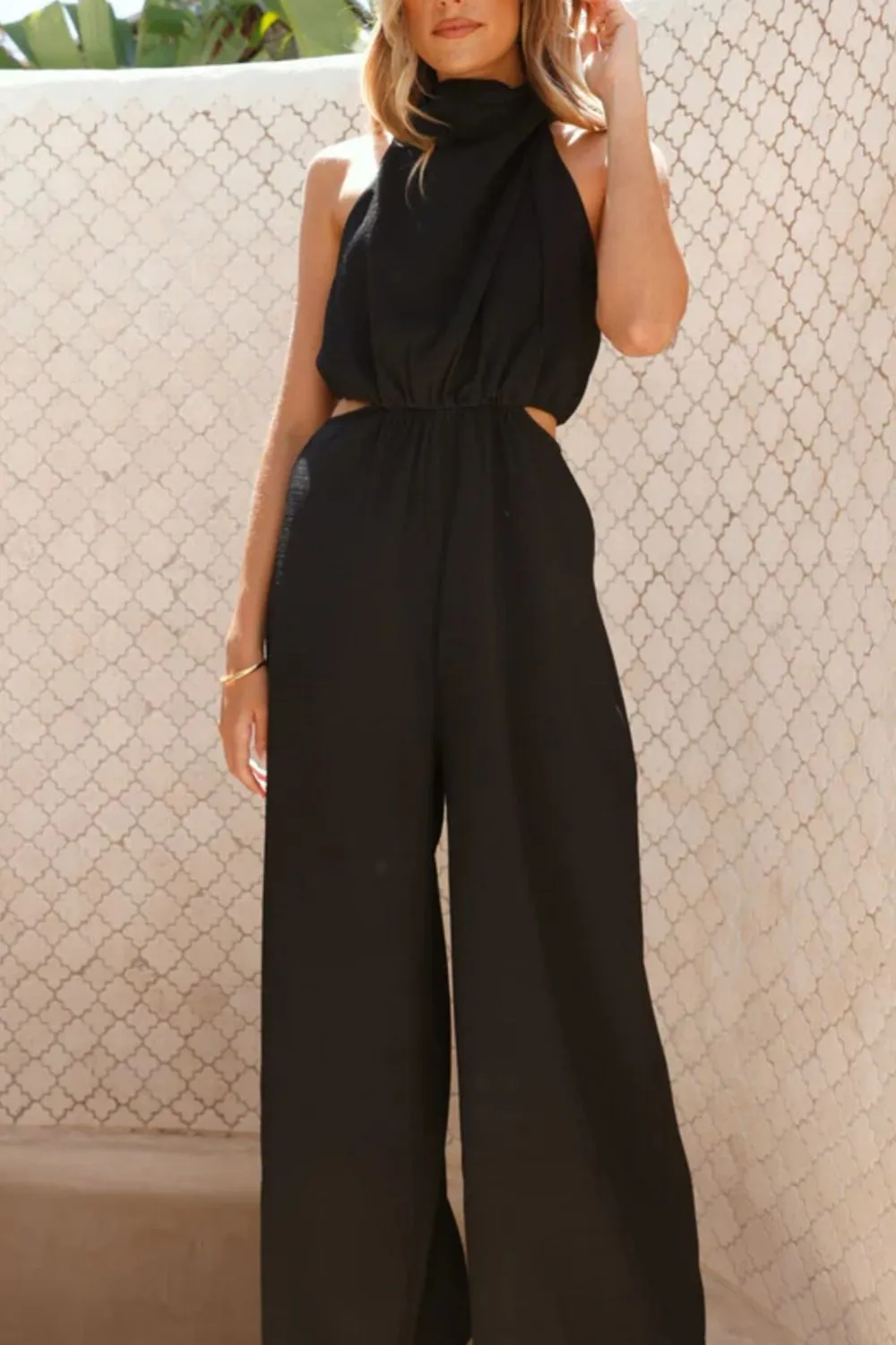 Panel Detail Sleeveless Wide Leg Jumpsuit