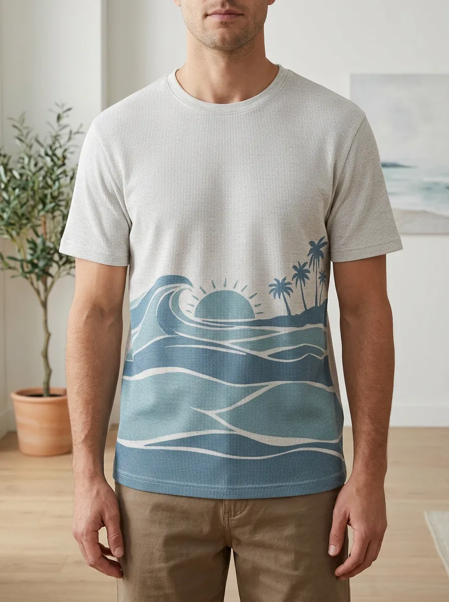Men's Beach Lover Ocean Wave Palm Tree Classic Crew Neck T-Shirt