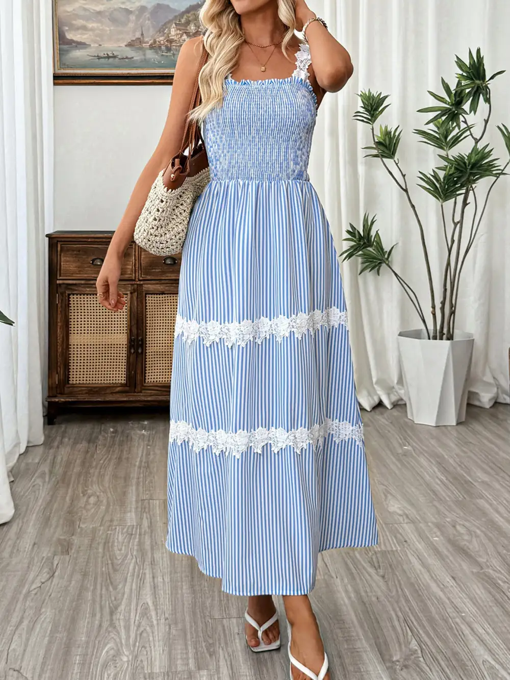 Striped Lace Smocked Midi Dress