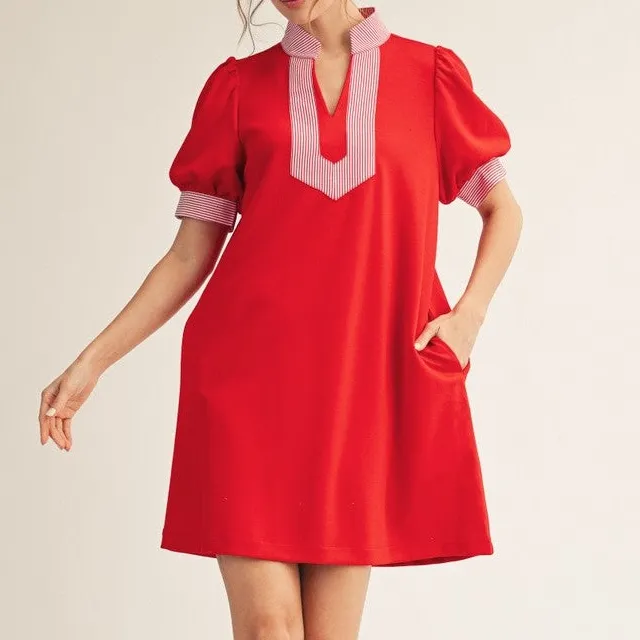 Striped Puff Sleeve Knit Shift Dress