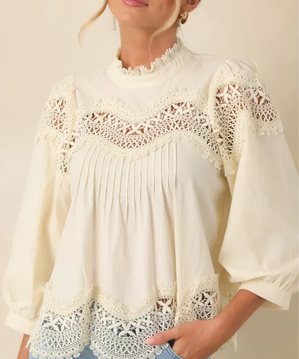 Pintuck Lace-Detail Scalloped Cotton Blouse