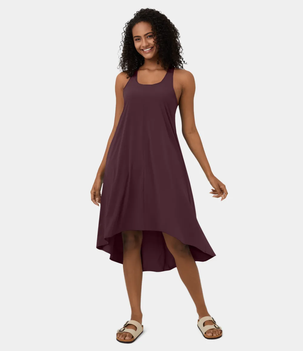 Breezeful Backless Racerback Side Pocket High Low Flowy Midi Quick Dry Casual Dress
