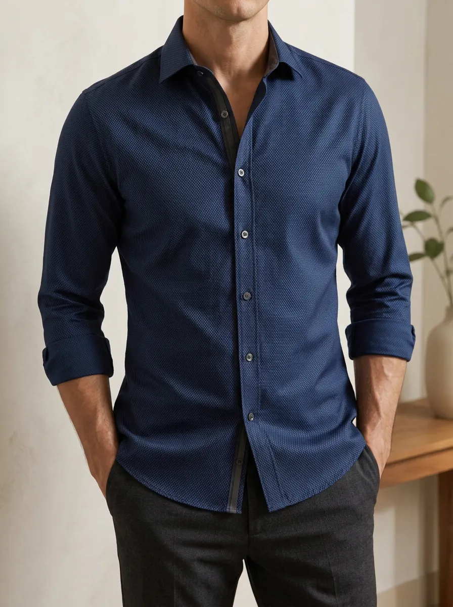 Men's Minimal Micro-Print Contrast Trim Long Sleeve Slim Fit Shirt