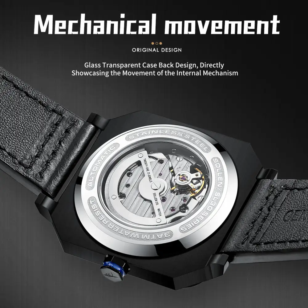 Sollen SL322 Men's Square Automatic Mechanical Watch - 40x41mm Stainless Steel Case Sapphire Crystal Miyota 8217 24H Subdial Leather Strap Wristwatch