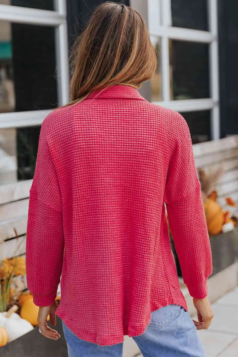Dropped Shoulder Waffle Knit Collared Shirt