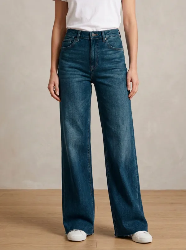 Wide-Leg High-Rise Raw-Hem Denim Denim Jeans