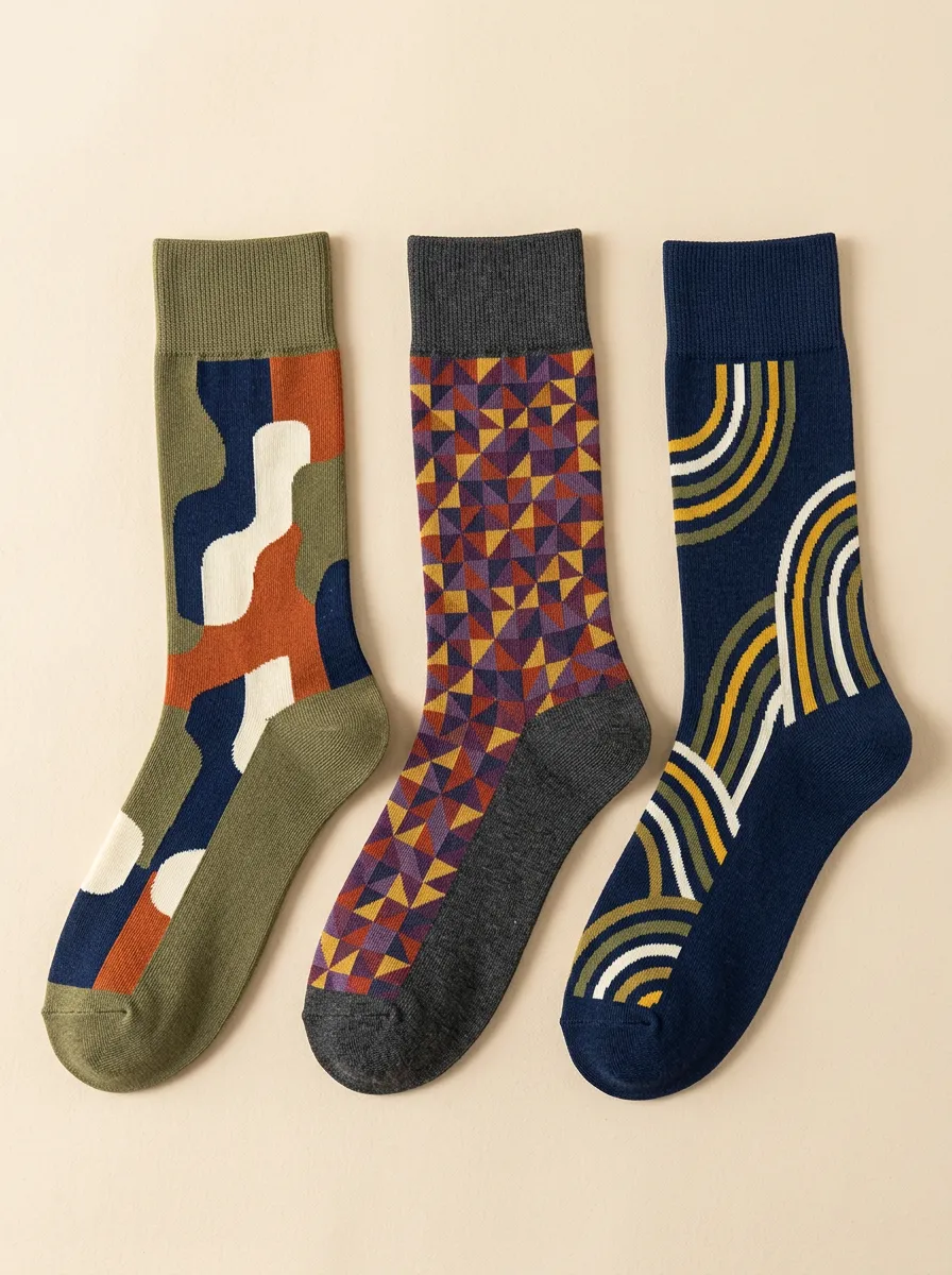 Men's Geometric Camo Triangle Rainbow Printed Three Pack Socks