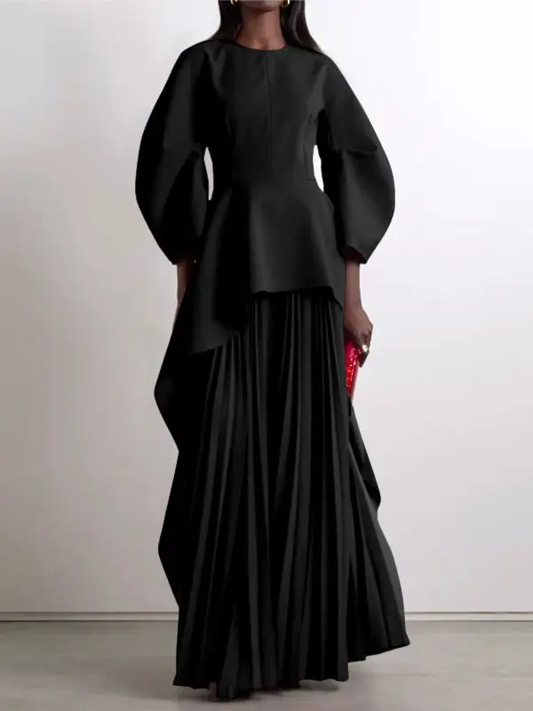 Tiered Pleated Long Neck Maxi Dress