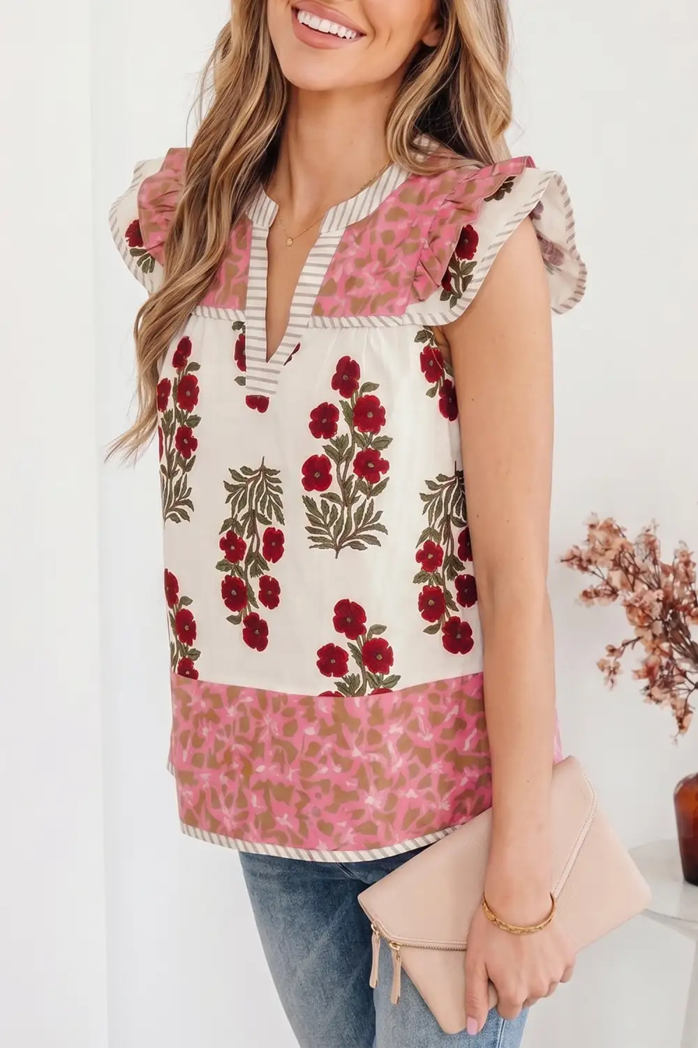Women's Floral Print Striped Contrast Trim Top