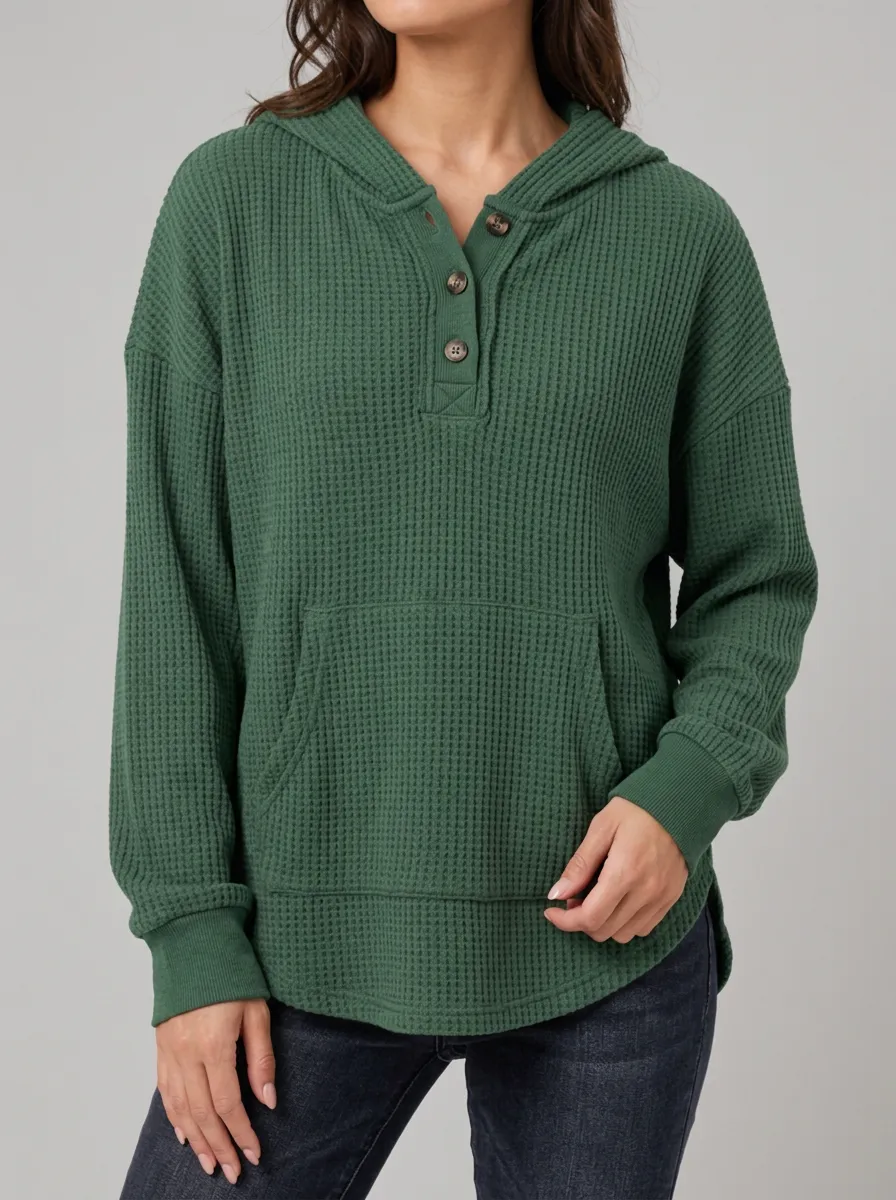 Women's Green Waffle Knit Button Hooded Pullover Top