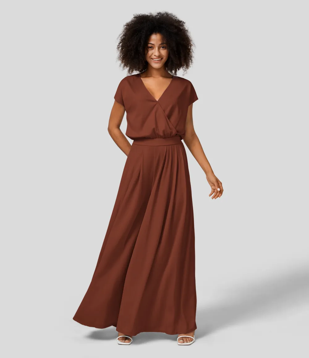 V Neck Short Sleeve Plicated Side Pocket Wide Leg Flowy Waffle Casual Jumpsuit