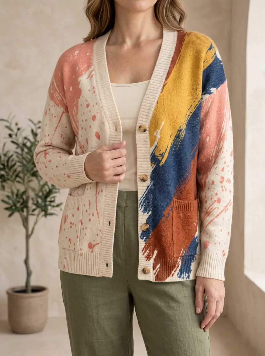 Women's Abstract Paint Splatter Printed Button Front Casual Layering Cardigan