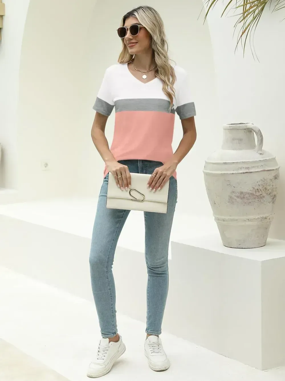 ORANDESIGNE Women's Color Block Short Sleeve T Shirts Casual V Neck Summer Tops Tees Loose Fit Blouses