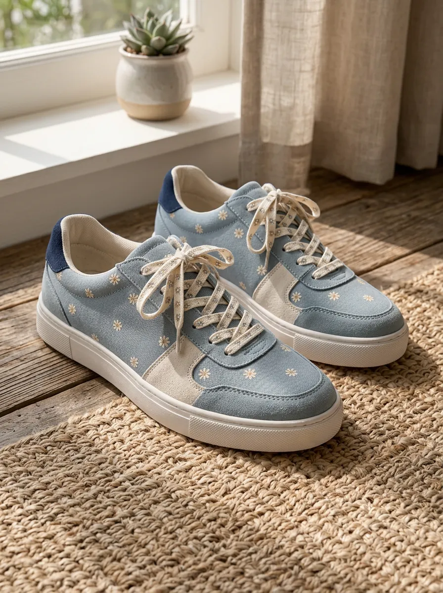 Women's Floral Daisy Blue Canvas Printed Sneakers