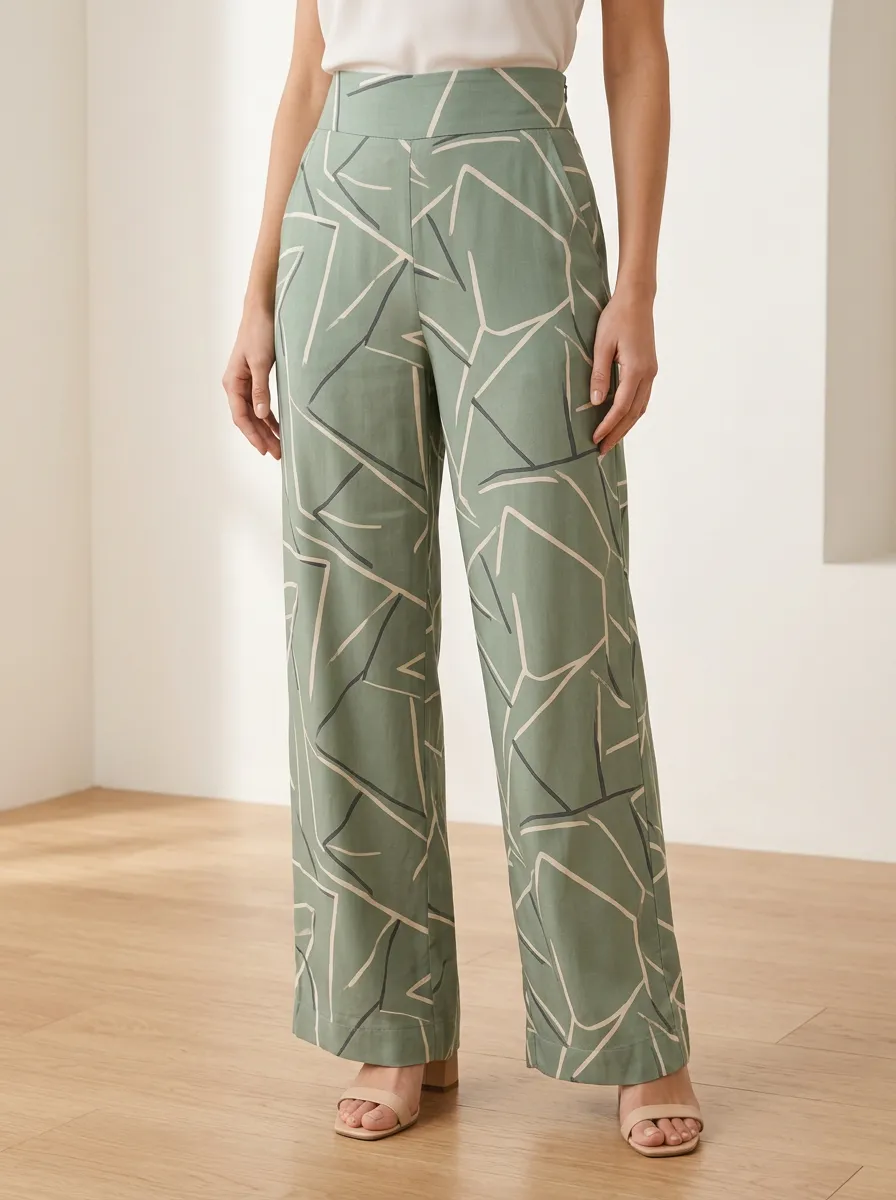 Women's Geometric Natural Detail Printed Wide Leg Pants