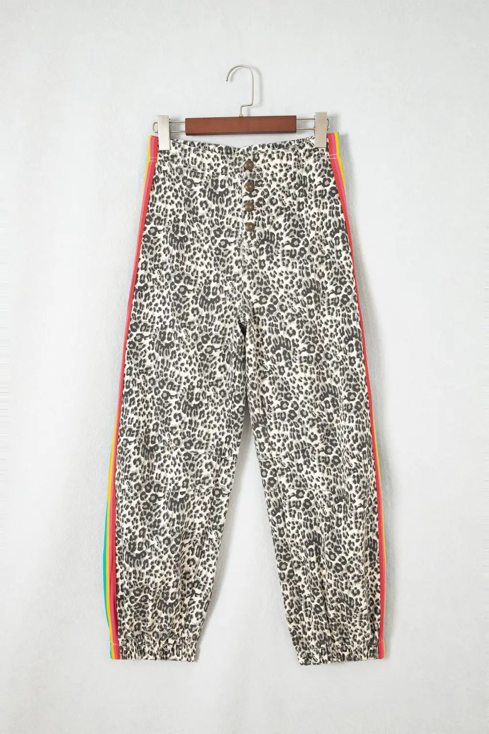 Women's Leopard Print Rainbow Striped Detail Buttoned Loose Jogger Jeans