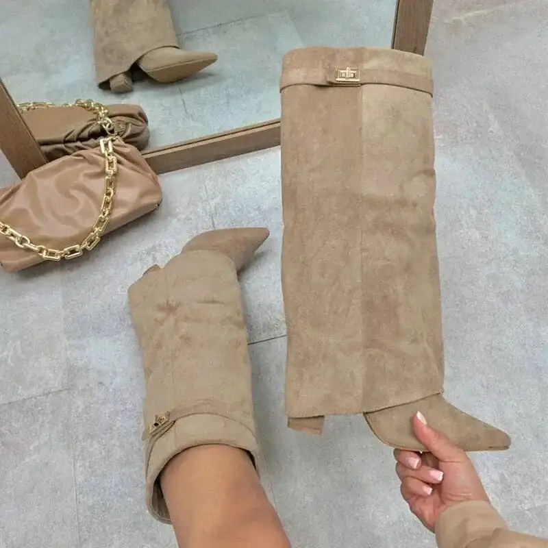 Suede Thigh Tall Boots Buckle  Heeled Boots