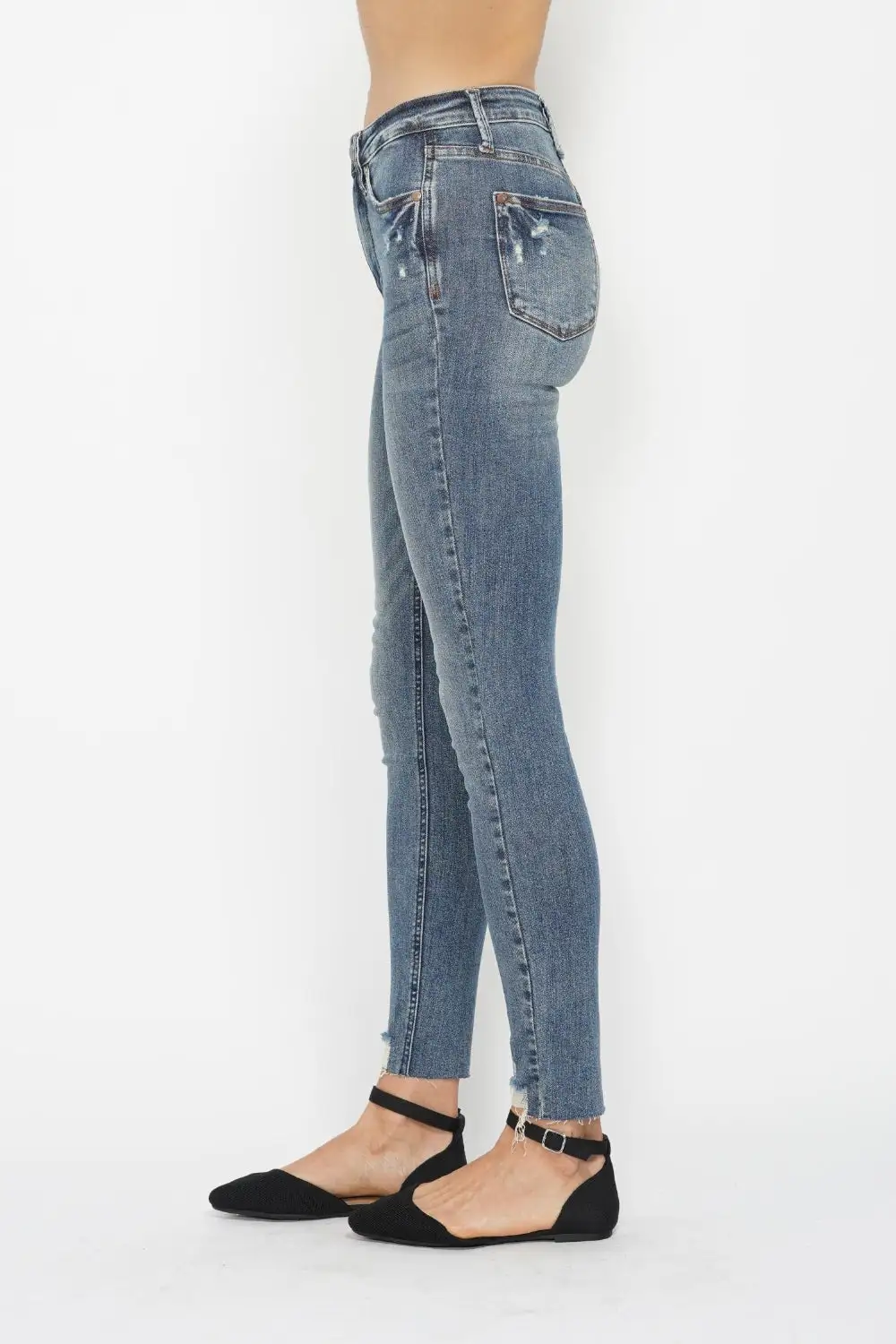 Tummy Control Vintage Wash Hem Destroy Denim Jeans