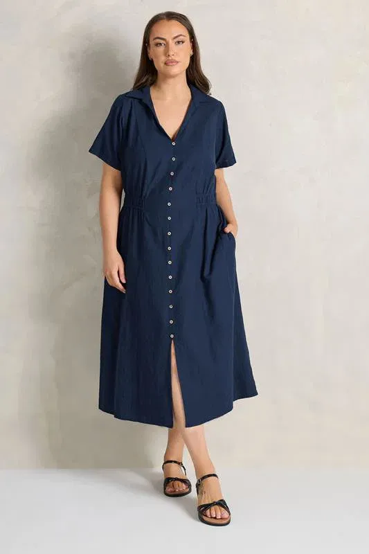 Navy Blue Linen Shirred Waist Midi Dress