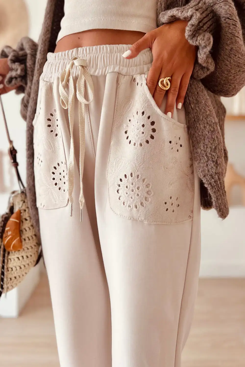 Embroidered Patched Pockets Drawstring Trousers