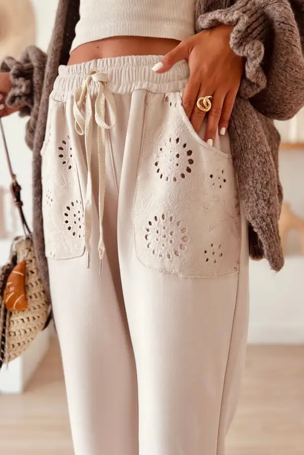 Embroidered Patched Pockets Drawstring Trousers
