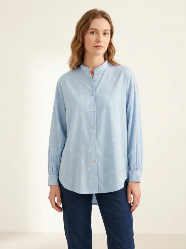 Women's Small-Floral Gathered-Cuff Mandarin Shirt