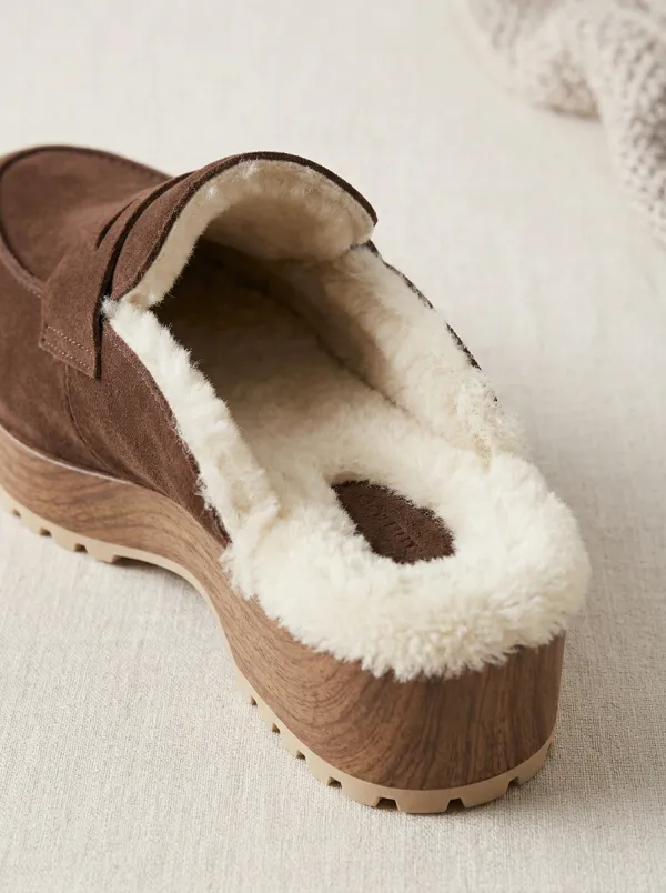 Women's Everyday Faux Fur Lined Platform Suede Wood Sole Loafers