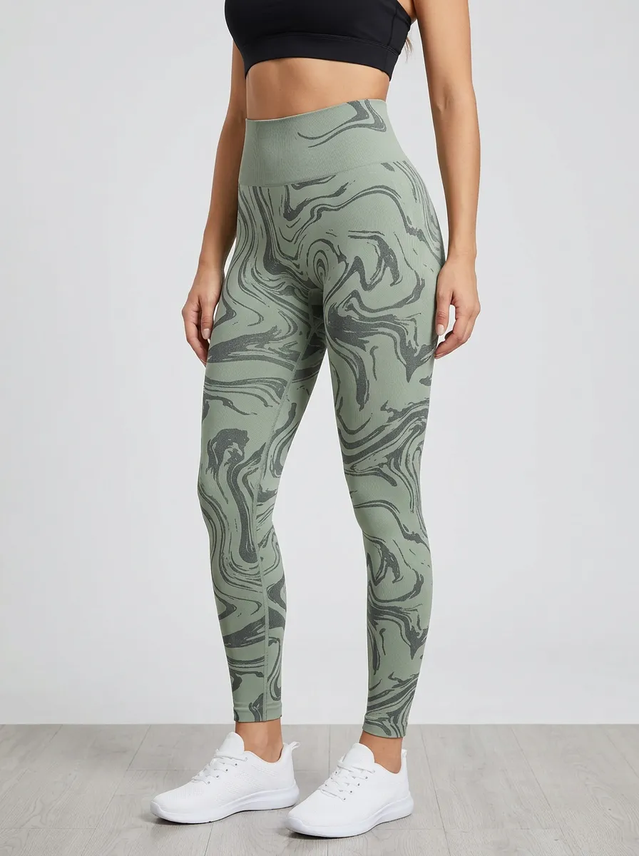 Women's Marble-Swirl Ribbed-Hem Full-Length High-Rise Leggings