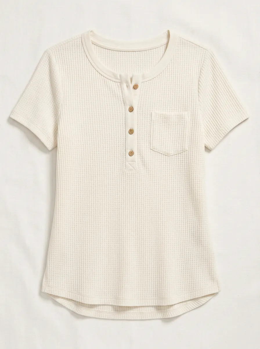 Women's Casual Waffle Knit Button Down Pocket Henley Shirt