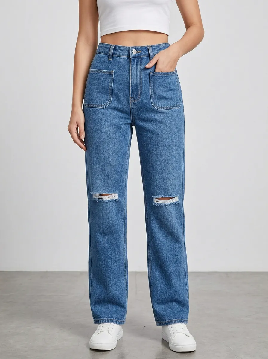 Women's Front Patch-Pocket Double-Knee Distressed Full-Length High-Rise Straight-Leg Jeans