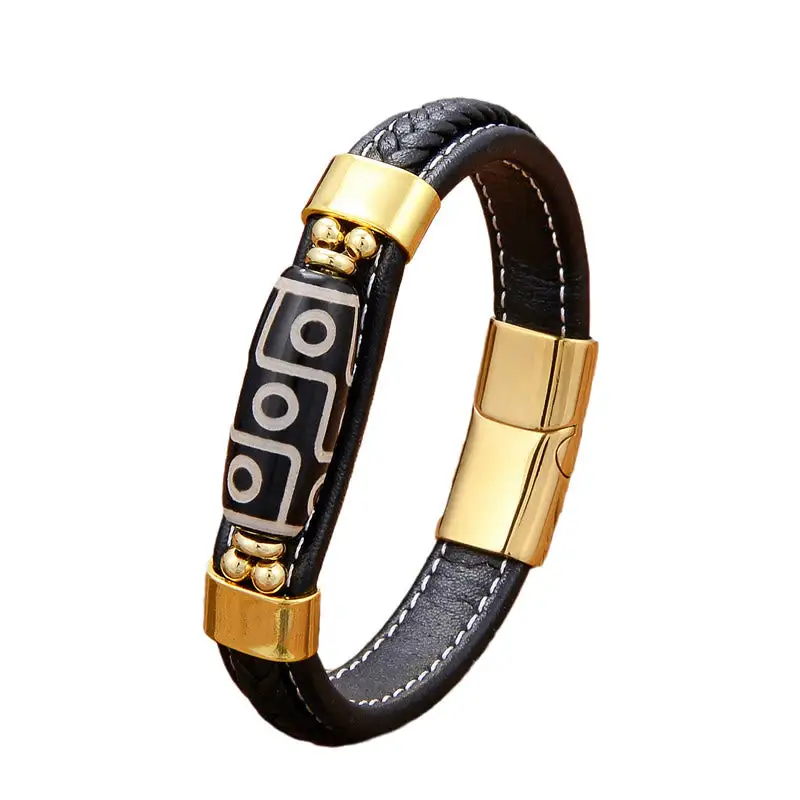 Eye Dzi Bead Leather Buckle Bracelet