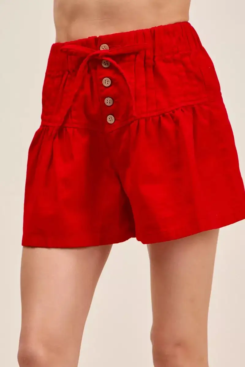 High-Waist Drawstring Ruffled Button-Front Denim Shorts