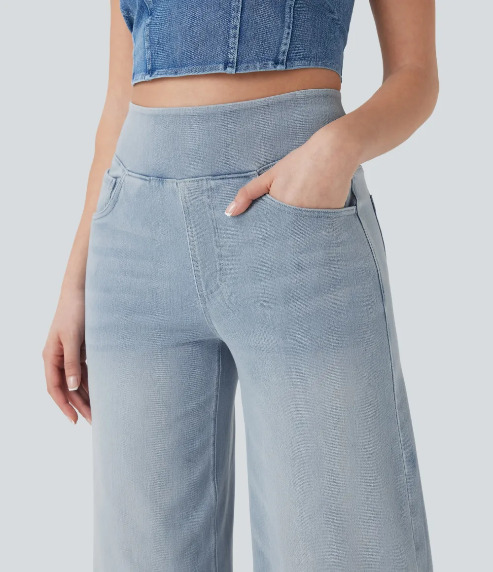 2026🔥  High Waisted Multiple Pockets Baggy Wide Leg Washed Stretchy Knit Casual Jeans