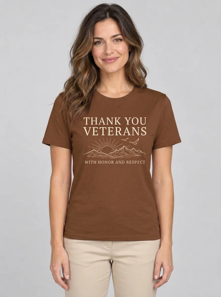 Women's Veterans Day Mountain Sunset Graphic Crewneck T-Shirt