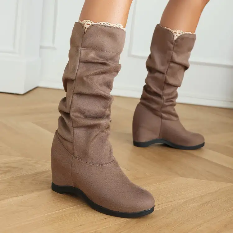 Vintage Lace Calf Wedge-Heel Slouchy Boots Under The Knee