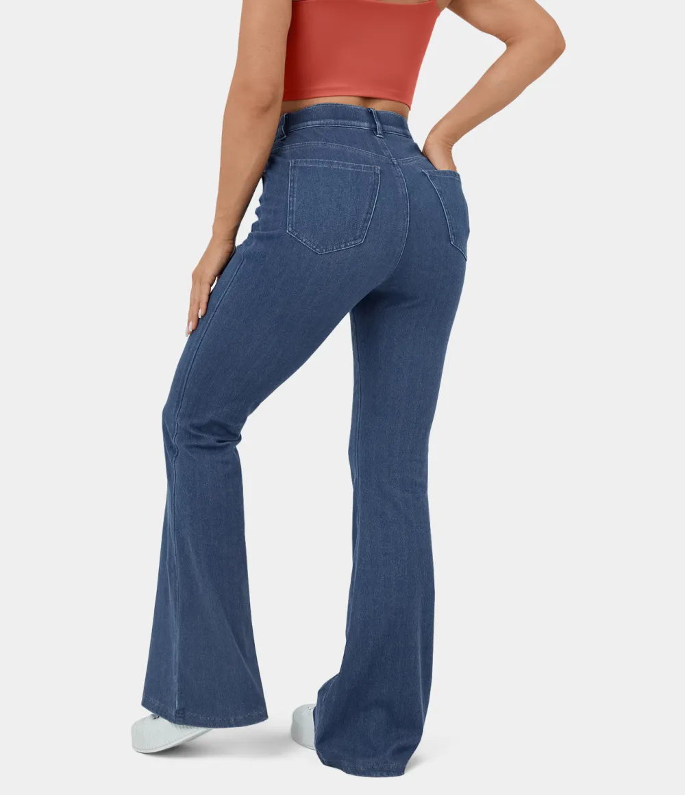 Magic High Waisted Button Pockets Stretchy Knit Casual Flare Jeans