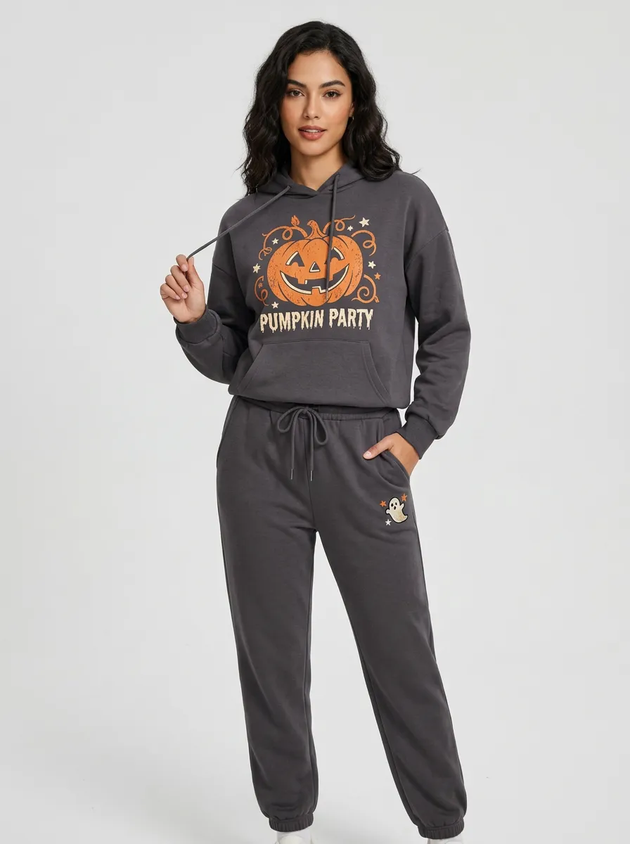Women's Halloween Charcoal Pumpkin Party Ghost Kangaroo-Pocket Hoodie Jogger Set