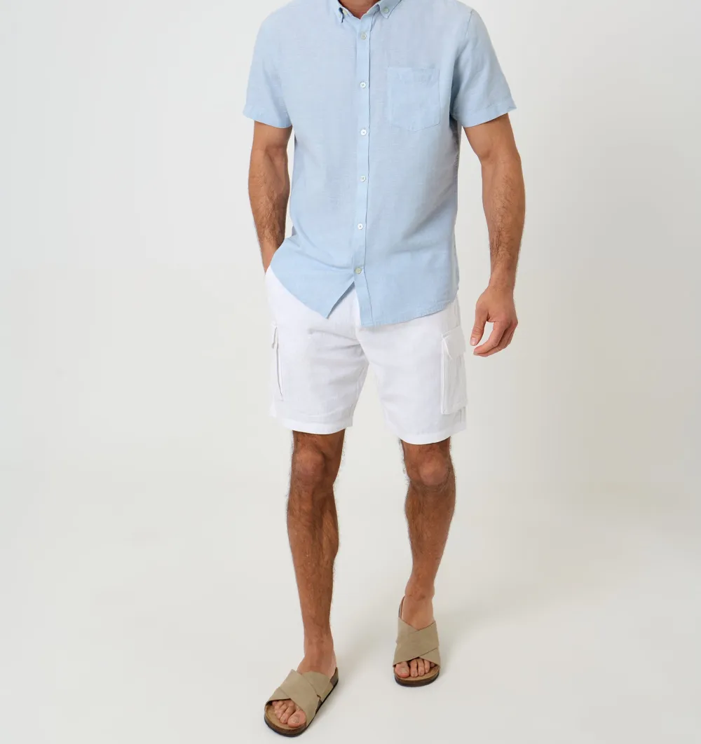 Light Blue Short-Sleeve Linen-Blend Shirt