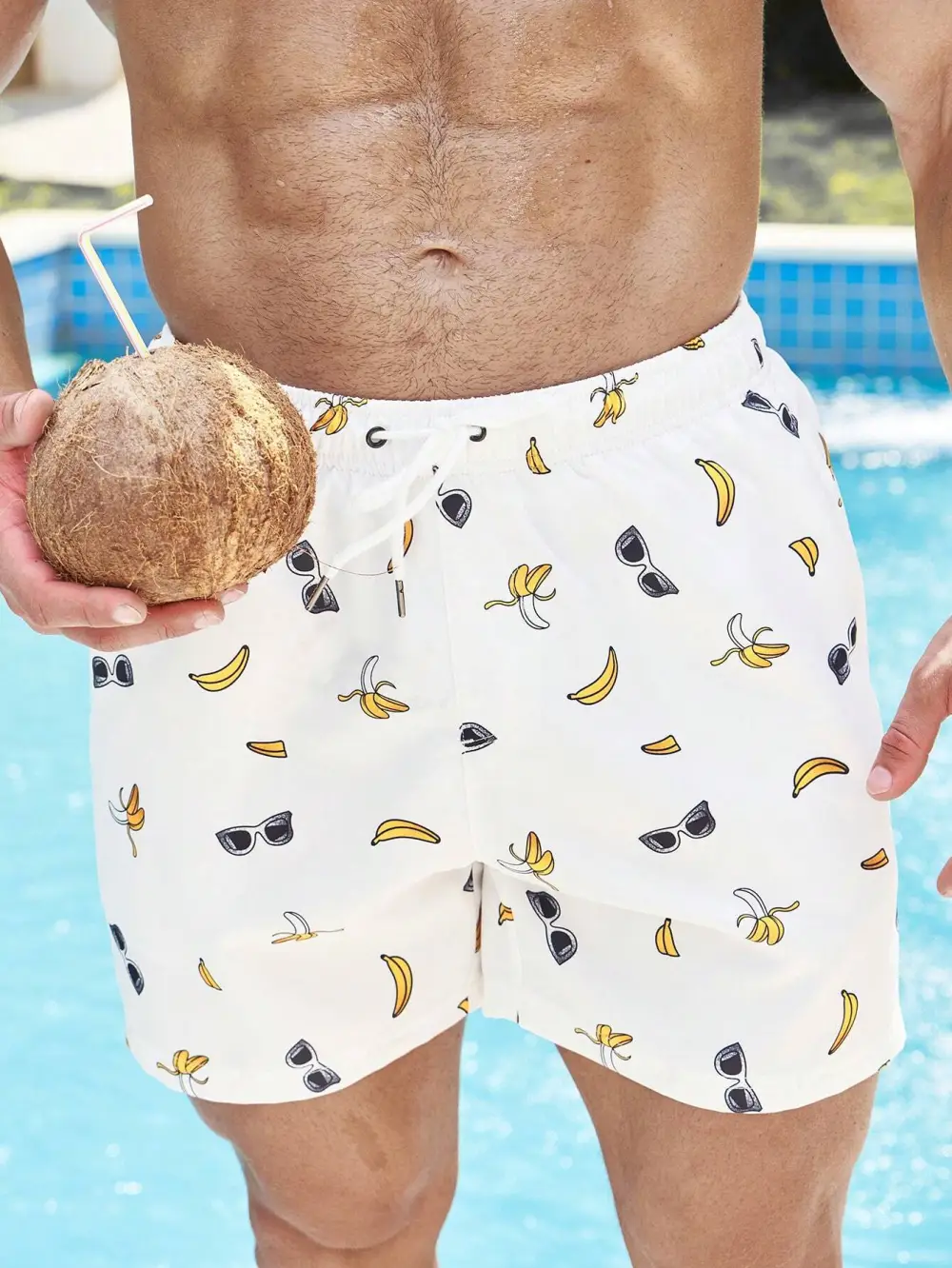 Men's Coastal Banana Print Drawstring Swim Trunks