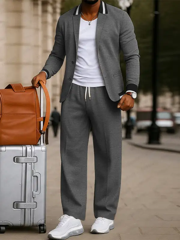 Contrast-Collar Stretch Woven Blazer Set