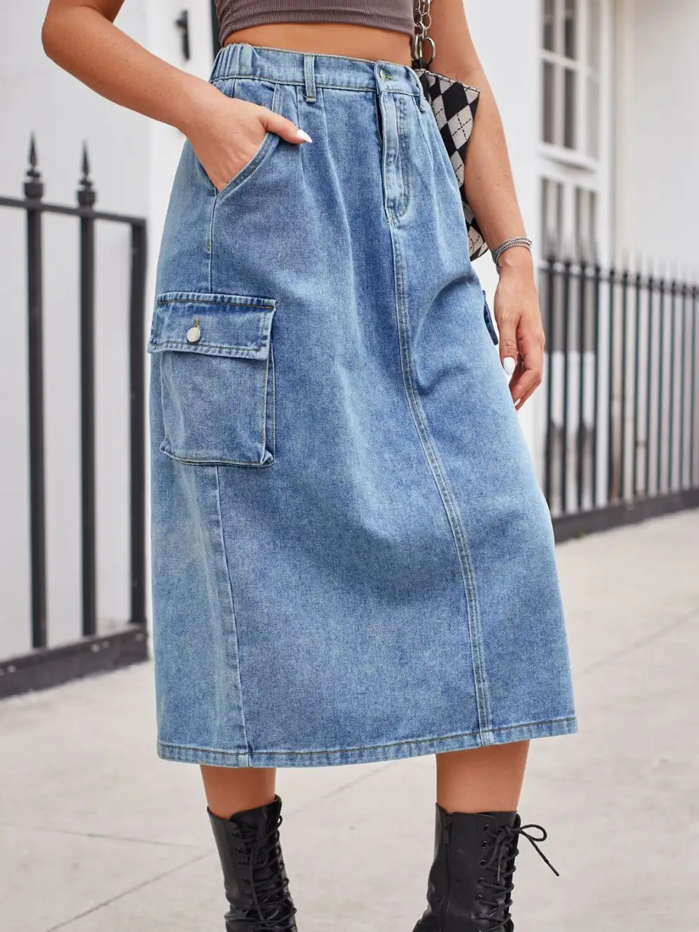 Simple Button Front Denim Detail Skirt