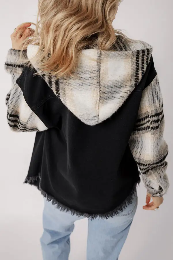 Women's Plaid Sleeve Frayed Hem Hooded Denim Jacket