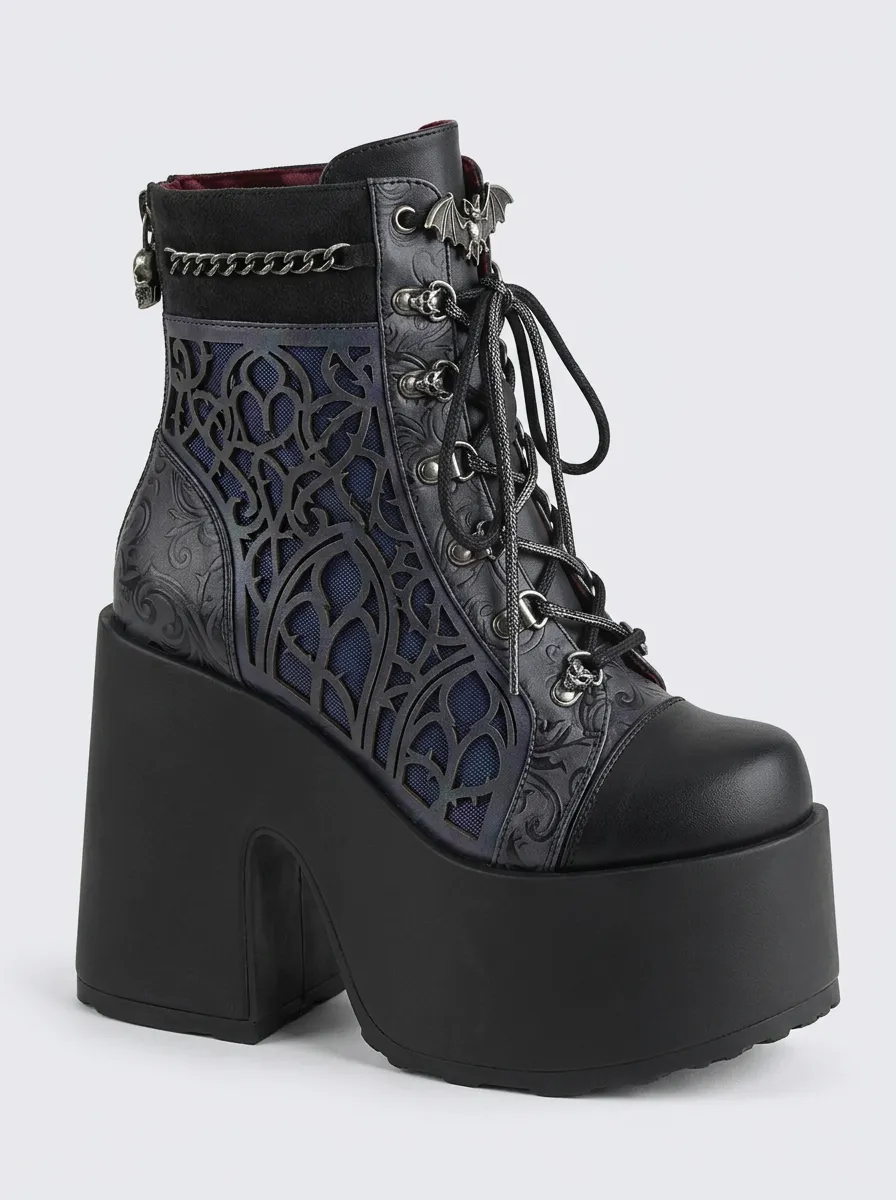Nightfall Skull Bat Embossed Look Women's Gothic Platform Boots