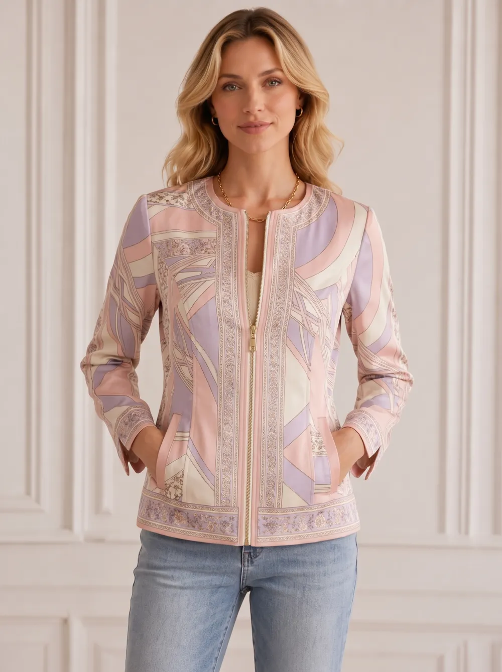 Women's Pastel Geometric Floral Printed Zip-Up Jacket