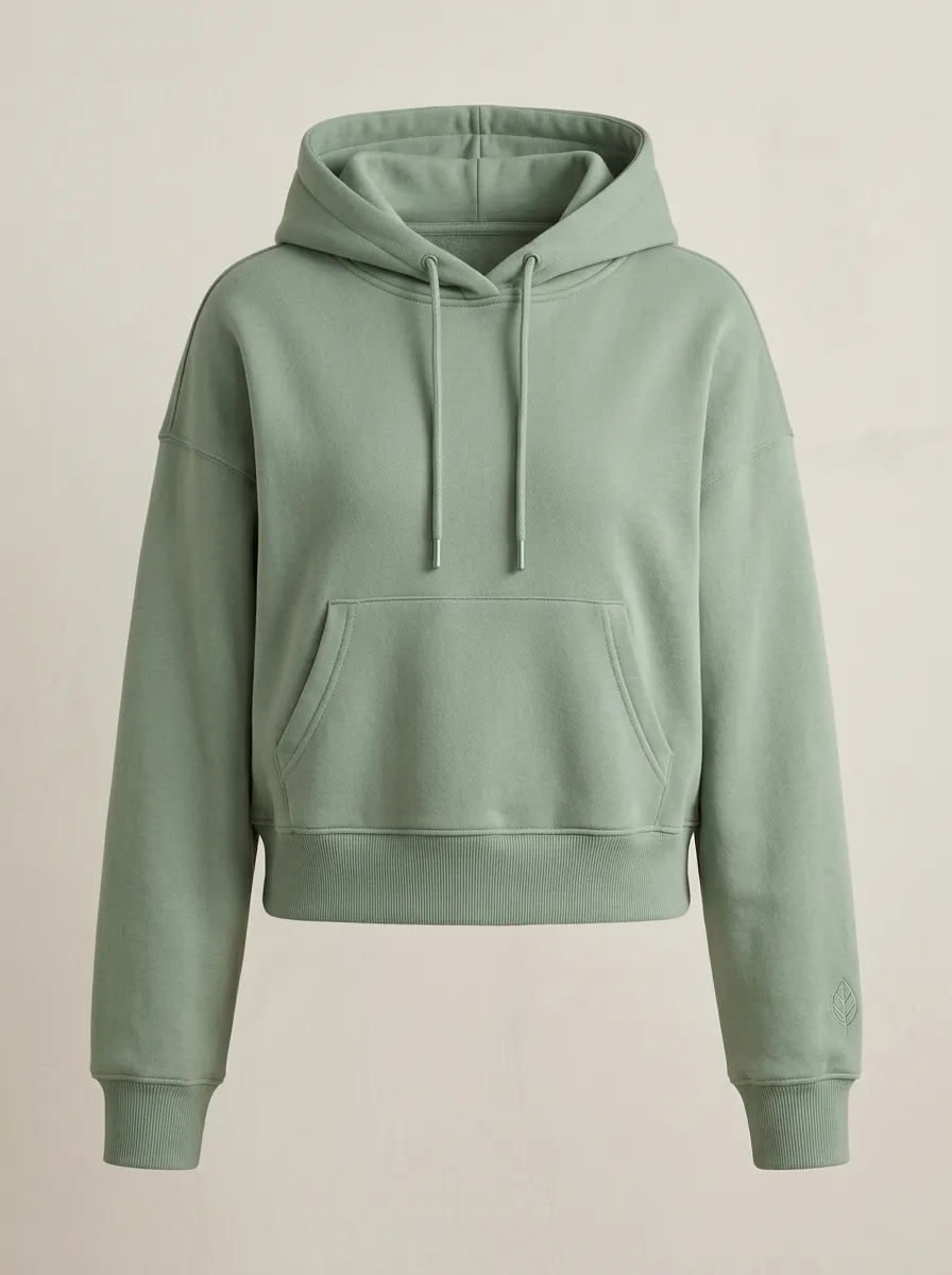 Women's Minimalist Sage Green Solid Color Embroidered Leaf Hoodie