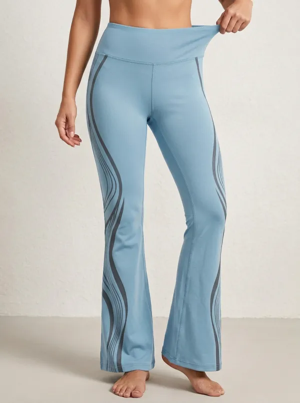 Women’s Mid-Rise Yoga Abstract Wave Printed Paneled Mini Flare Yoga Pants